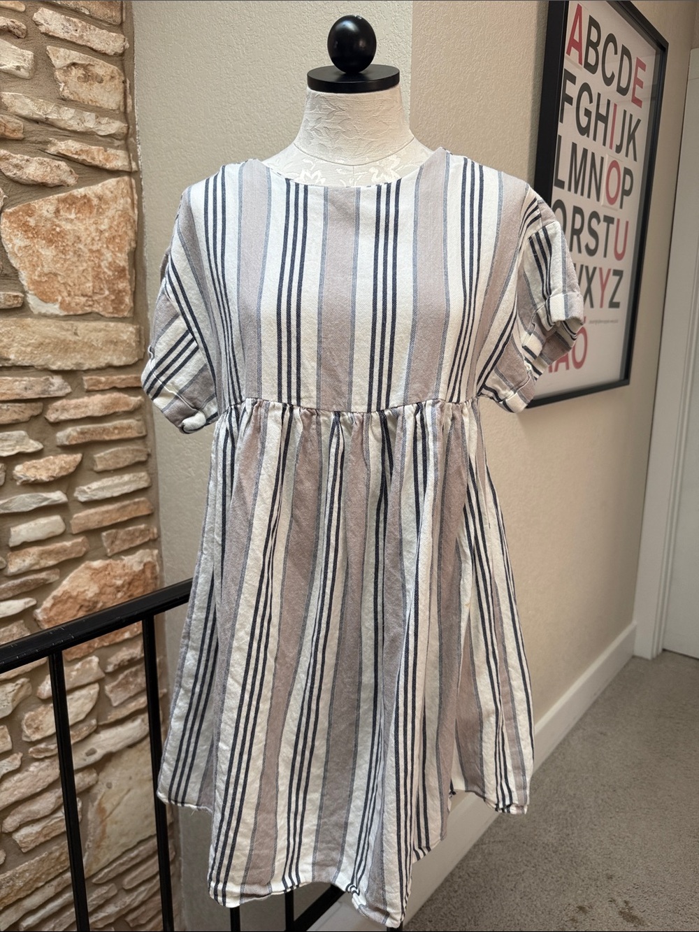 ASOS Taupe & Gray Vertical Striped Babydoll Dress Cotton
